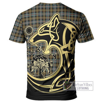 Farquharson Weathered Tartan T-Shirt with Family Crest Celtic Wolf Style