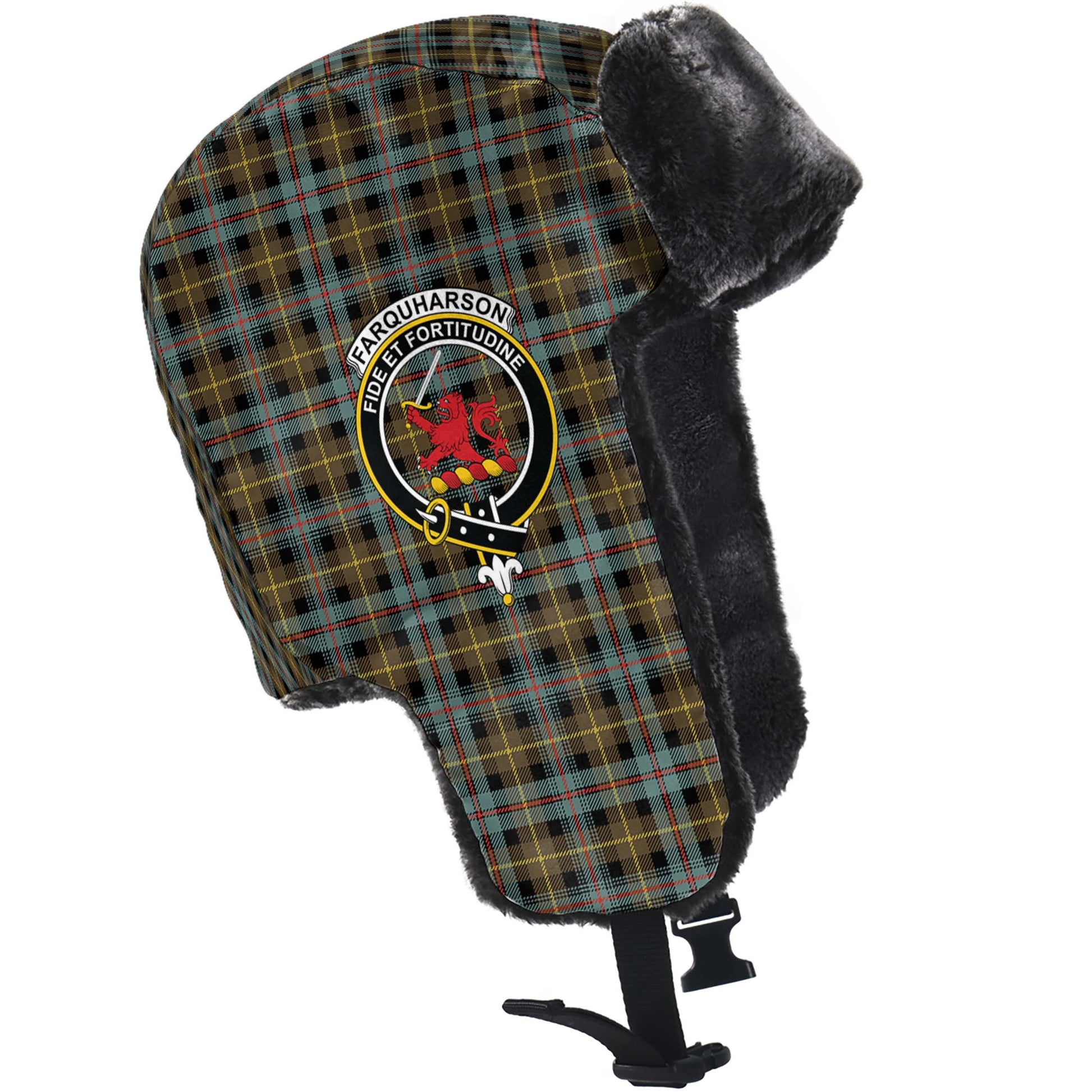 Farquharson Weathered Tartan Winter Trapper Hat with Family Crest - Tartanvibesclothing