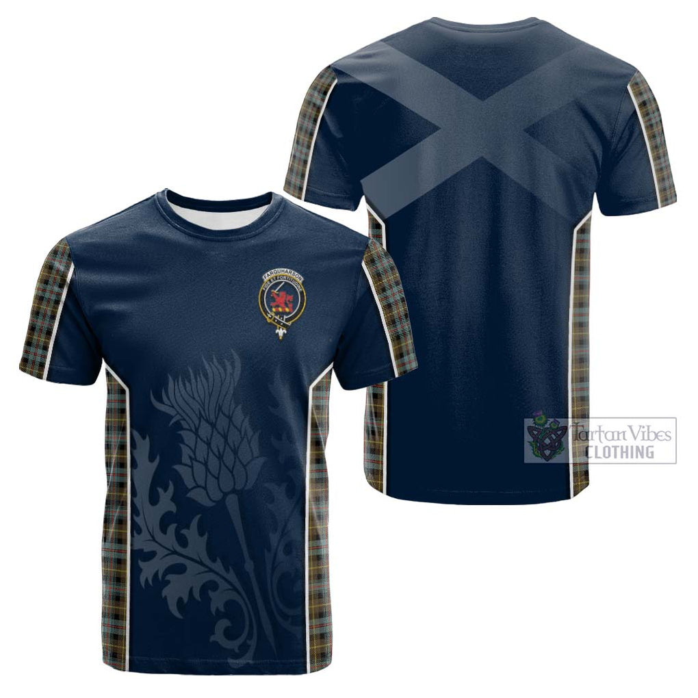 Tartan Vibes Clothing Farquharson Weathered Tartan Cotton T-shirt with Family Crest and Scottish Thistle Vibes Sport Style