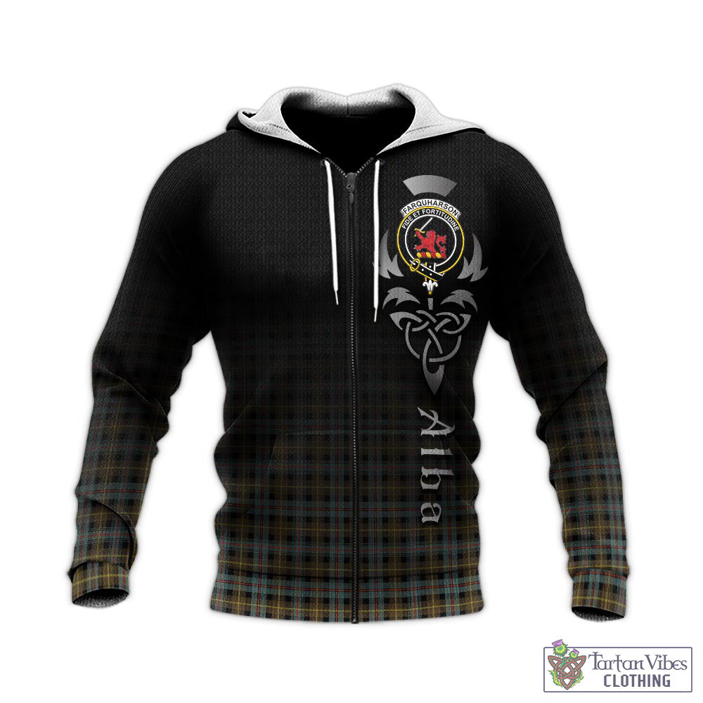 Tartan Vibes Clothing Farquharson Weathered Tartan Knitted Hoodie Featuring Alba Gu Brath Family Crest Celtic Inspired