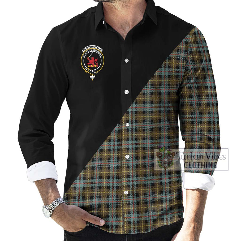 Farquharson Weathered Tartan Long Sleeve Button Shirt with Family Crest and Military Logo Style - Tartanvibesclothing Shop