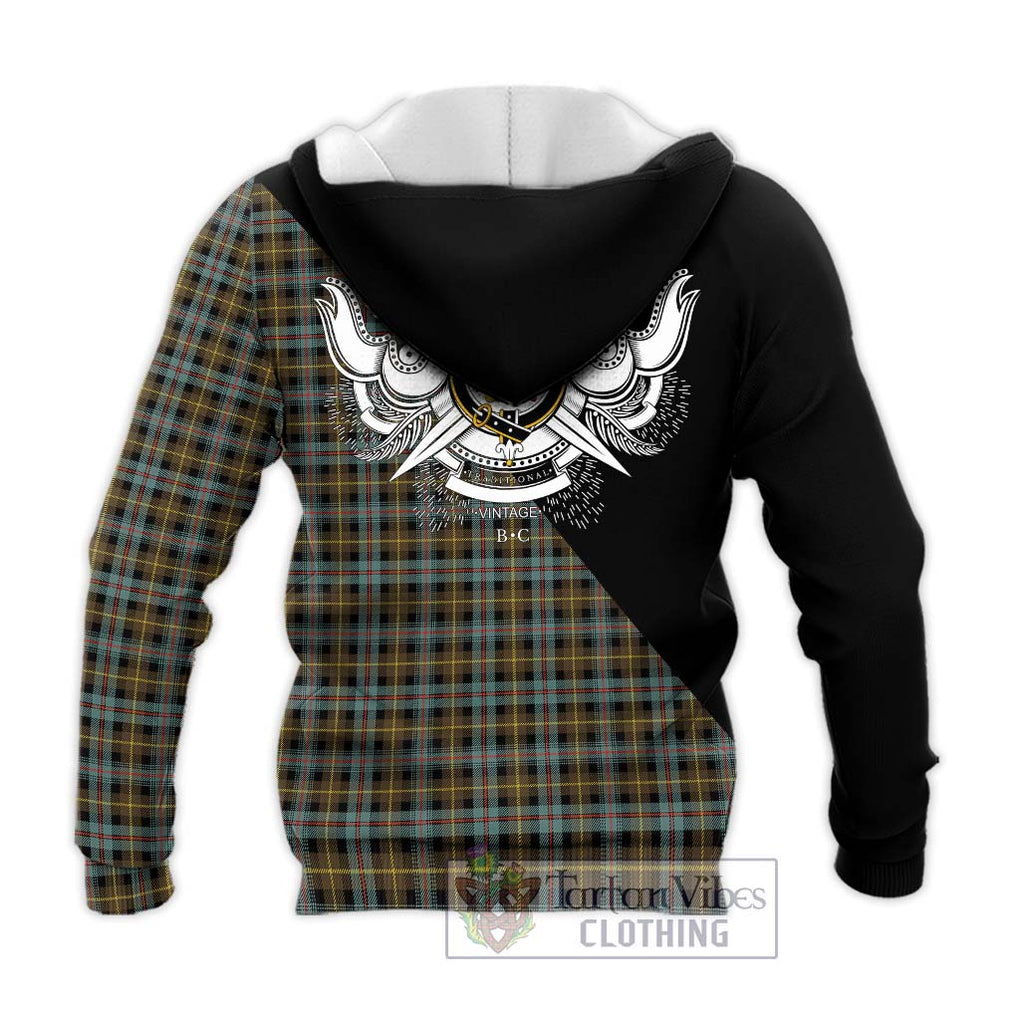 Farquharson Weathered Tartan Knitted Hoodie with Family Crest and Military Logo Style - Tartanvibesclothing Shop