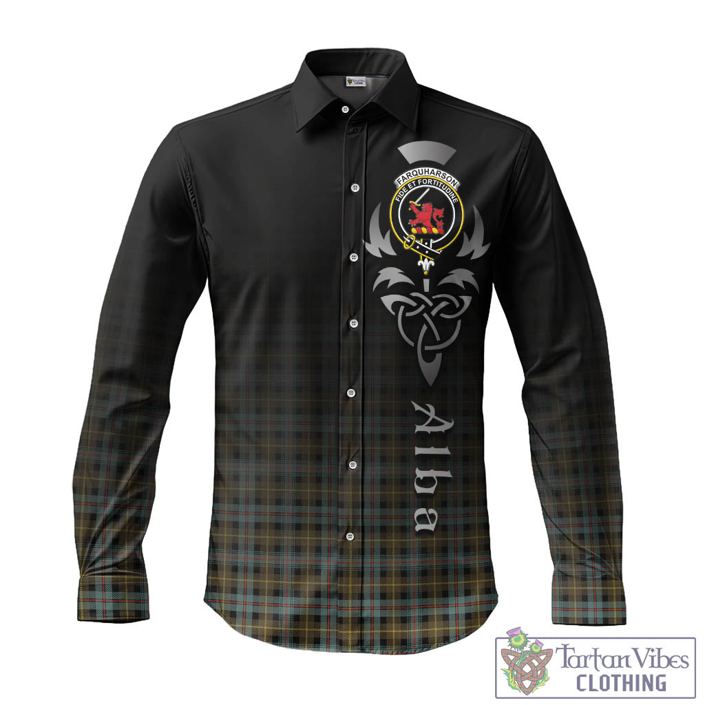 Tartan Vibes Clothing Farquharson Weathered Tartan Long Sleeve Button Up Featuring Alba Gu Brath Family Crest Celtic Inspired