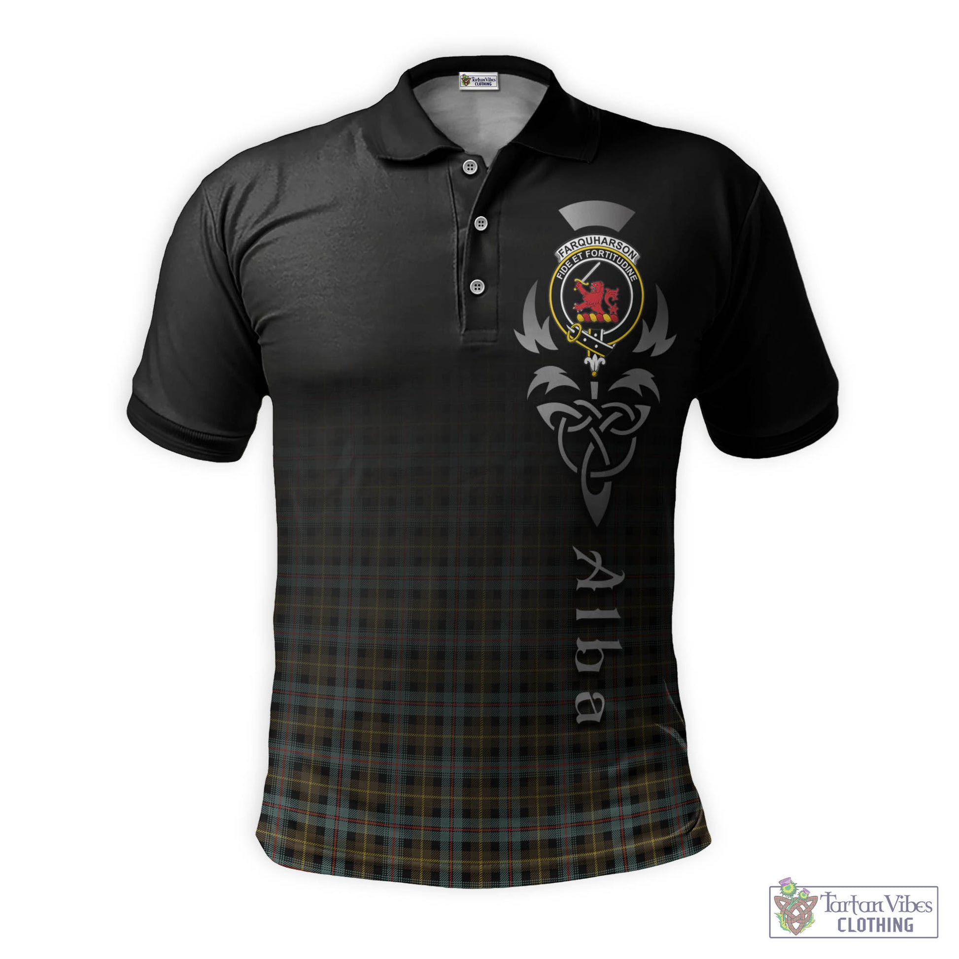 Tartan Vibes Clothing Farquharson Weathered Tartan Polo Shirt Featuring Alba Gu Brath Family Crest Celtic Inspired