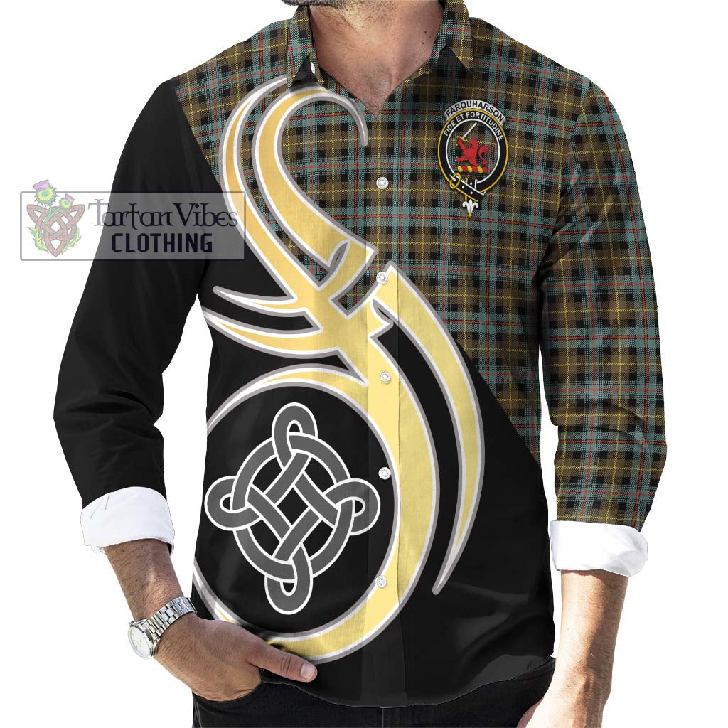 Farquharson Weathered Tartan Long Sleeve Button Shirt with Family Crest and Celtic Symbol Style - Tartan Vibes Clothing