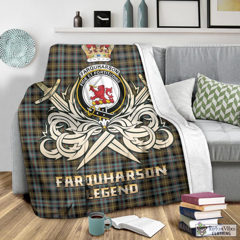 Tartan Vibes Clothing Farquharson Weathered Tartan Blanket with Clan Crest and the Golden Sword of Courageous Legacy