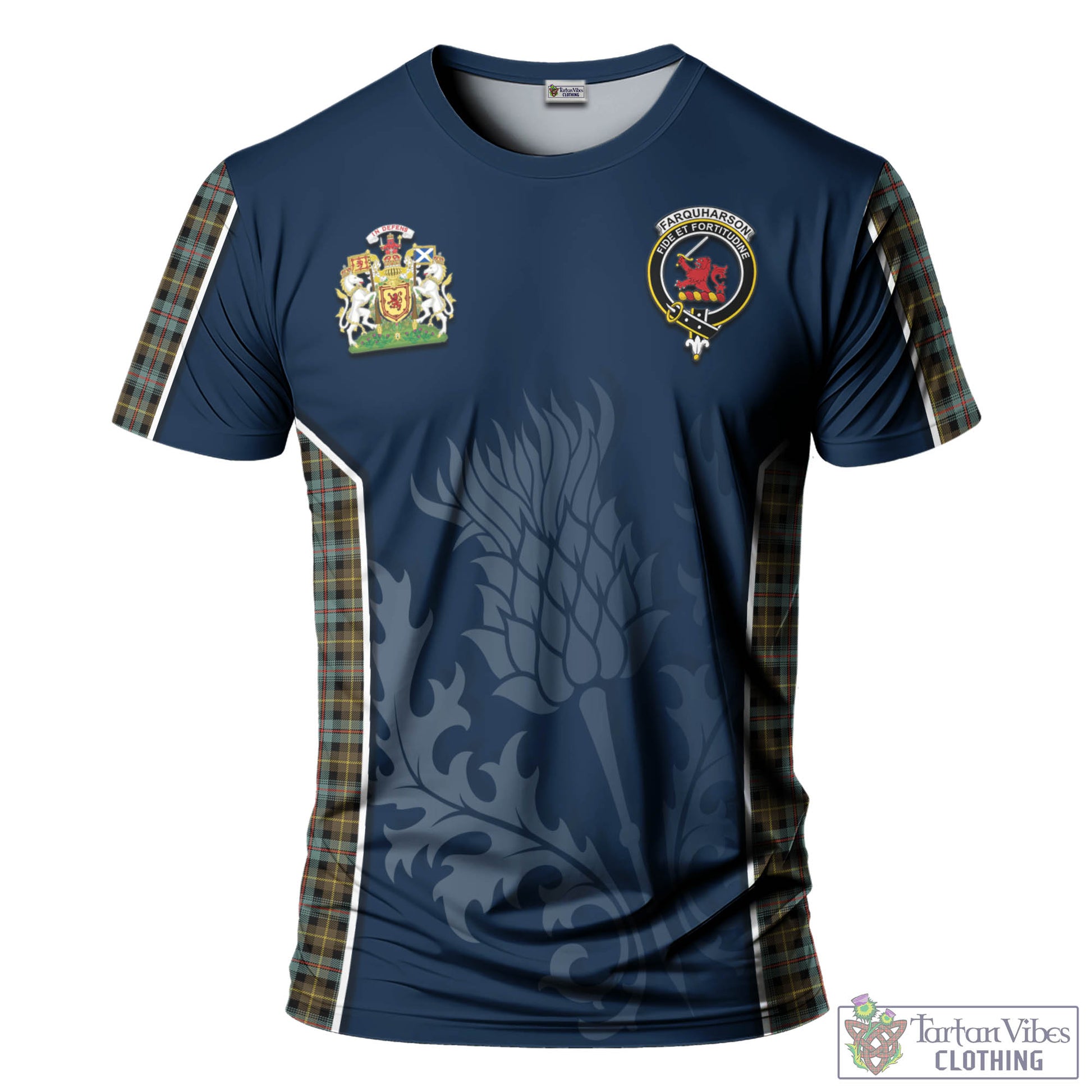 Tartan Vibes Clothing Farquharson Weathered Tartan T-Shirt with Family Crest and Scottish Thistle Vibes Sport Style