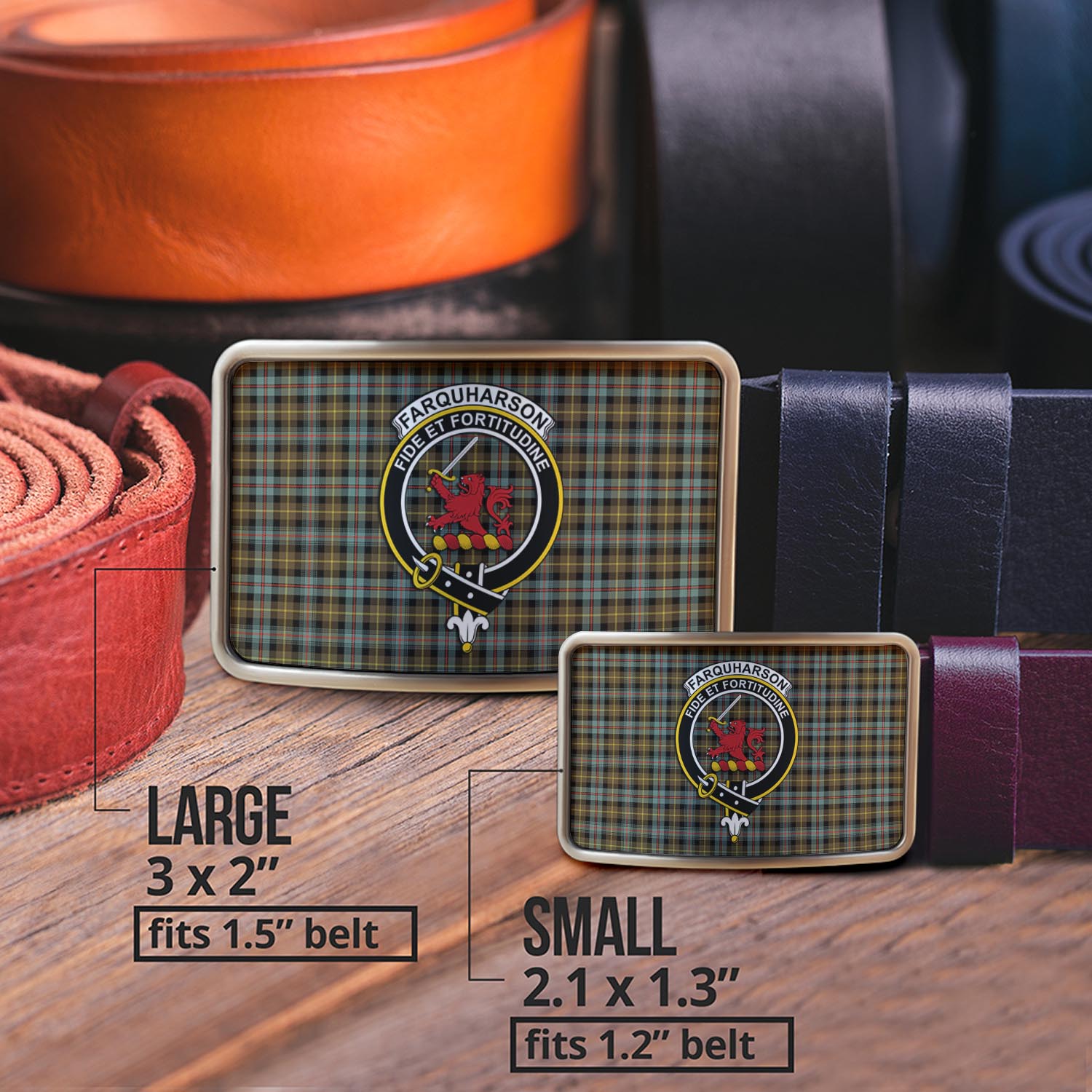 Farquharson Weathered Tartan Belt Buckles with Family Crest - Tartan Vibes Clothing