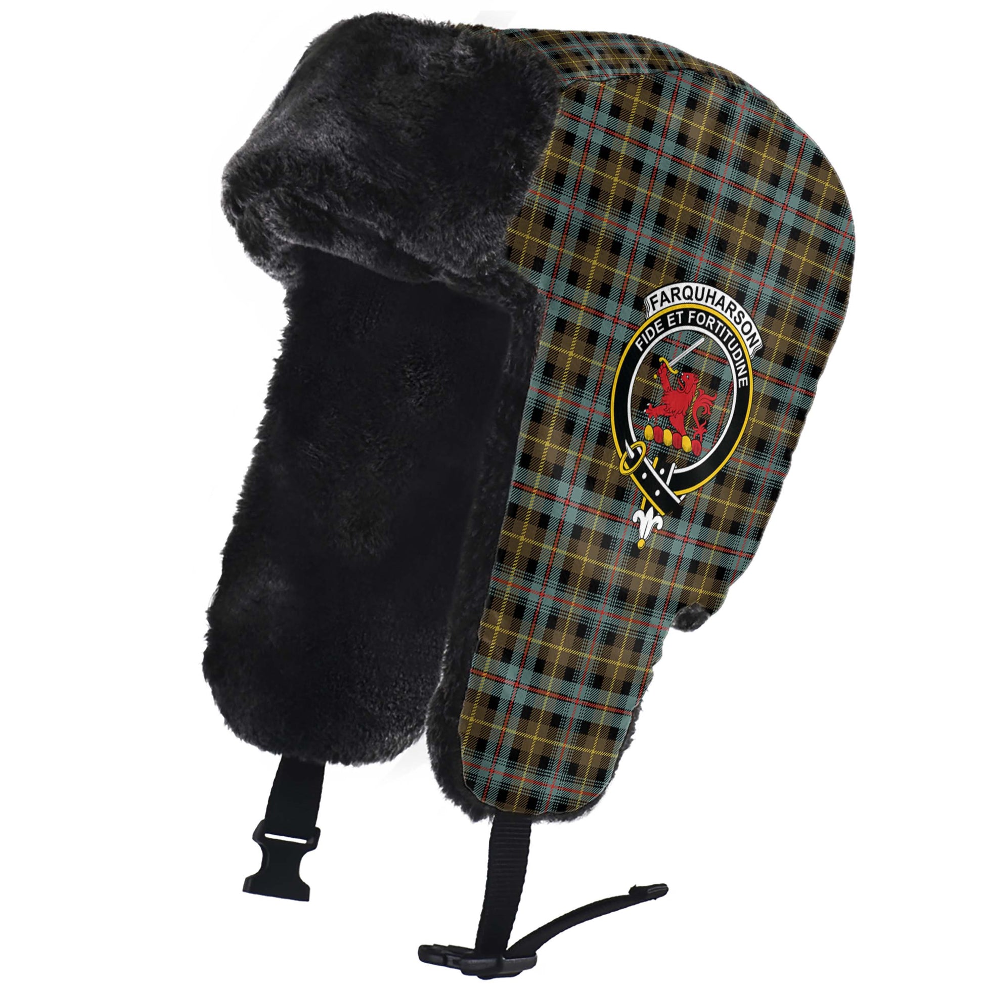 Farquharson Weathered Tartan Winter Trapper Hat with Family Crest - Tartanvibesclothing