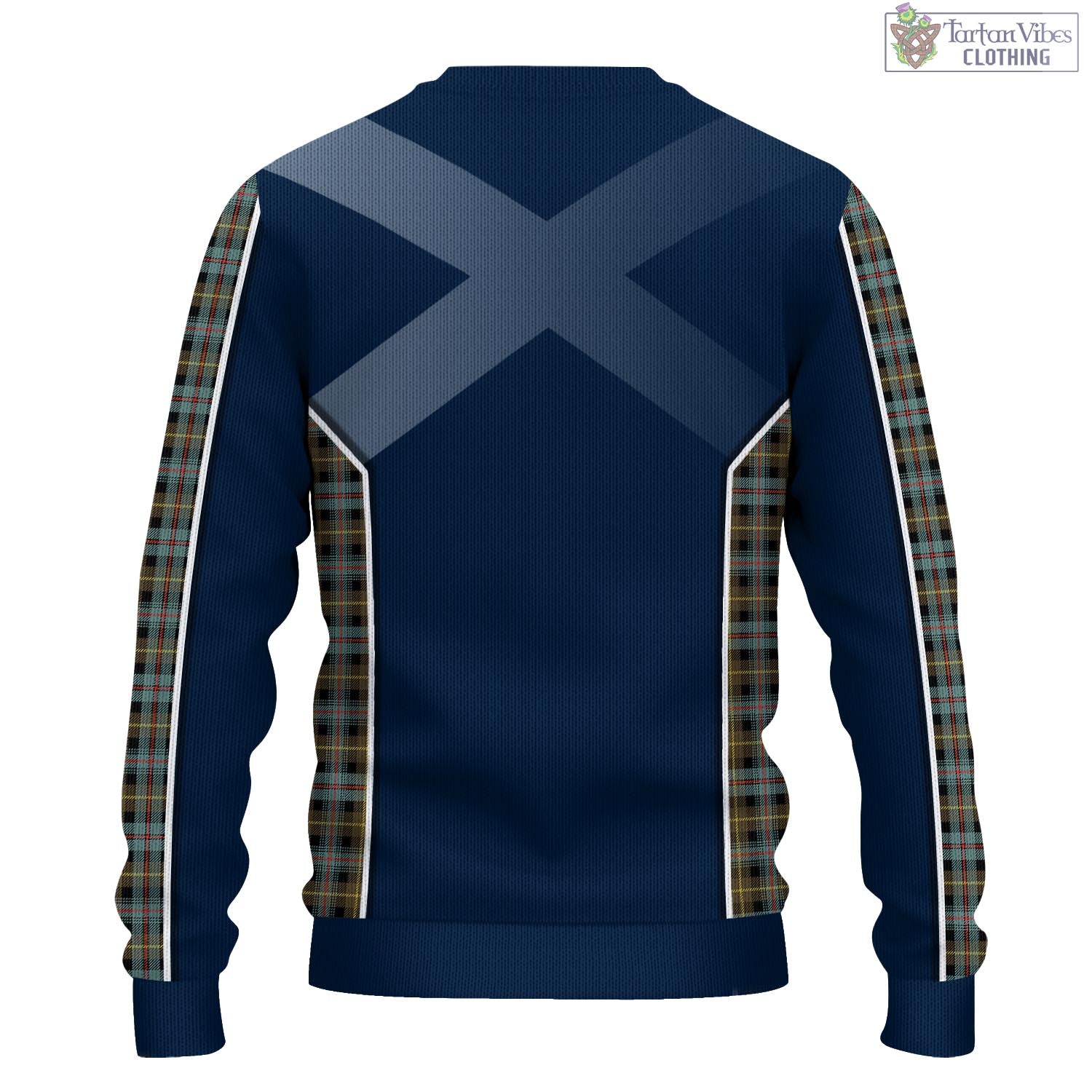 Tartan Vibes Clothing Farquharson Weathered Tartan Knitted Sweatshirt with Family Crest and Scottish Thistle Vibes Sport Style