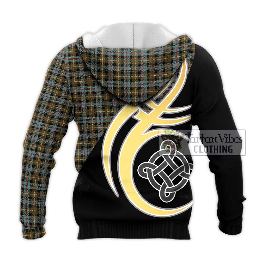 Tartan Vibes Clothing Farquharson Weathered Tartan Knitted Hoodie with Family Crest and Celtic Symbol Style