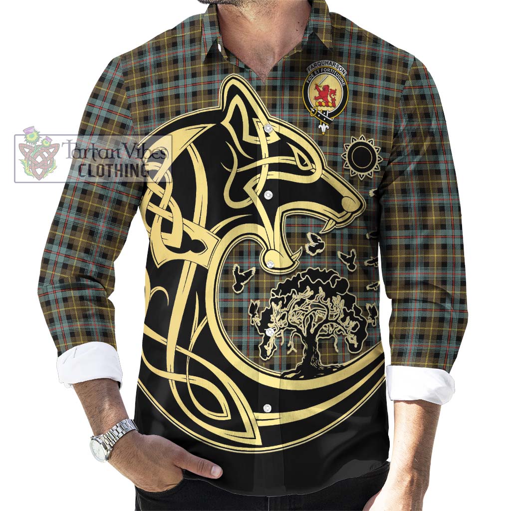 Tartan Vibes Clothing Farquharson Weathered Tartan Long Sleeve Button Shirt with Family Crest Celtic Wolf Style