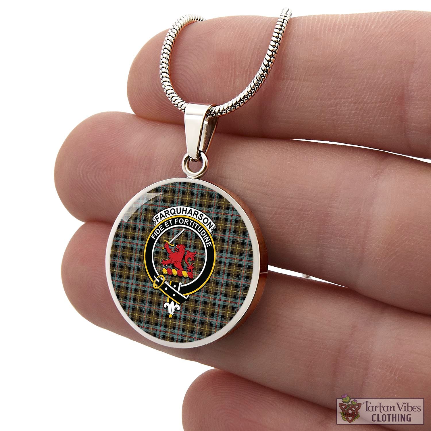 Tartan Vibes Clothing Farquharson Weathered Tartan Circle Necklace with Family Crest