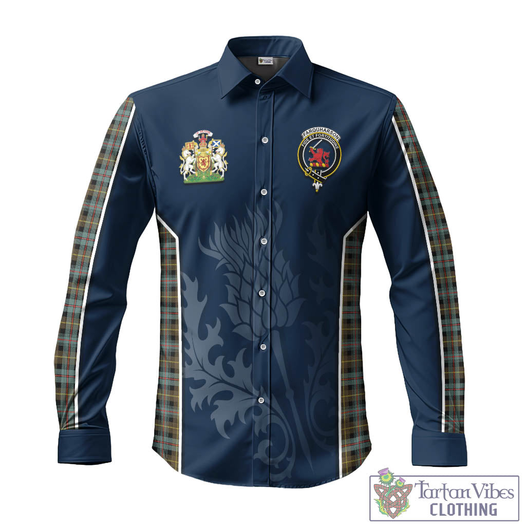 Tartan Vibes Clothing Farquharson Weathered Tartan Long Sleeve Button Up Shirt with Family Crest and Scottish Thistle Vibes Sport Style