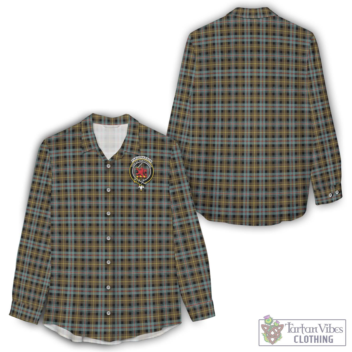 Tartan Vibes Clothing Farquharson Weathered Tartan Womens Casual Shirt with Family Crest