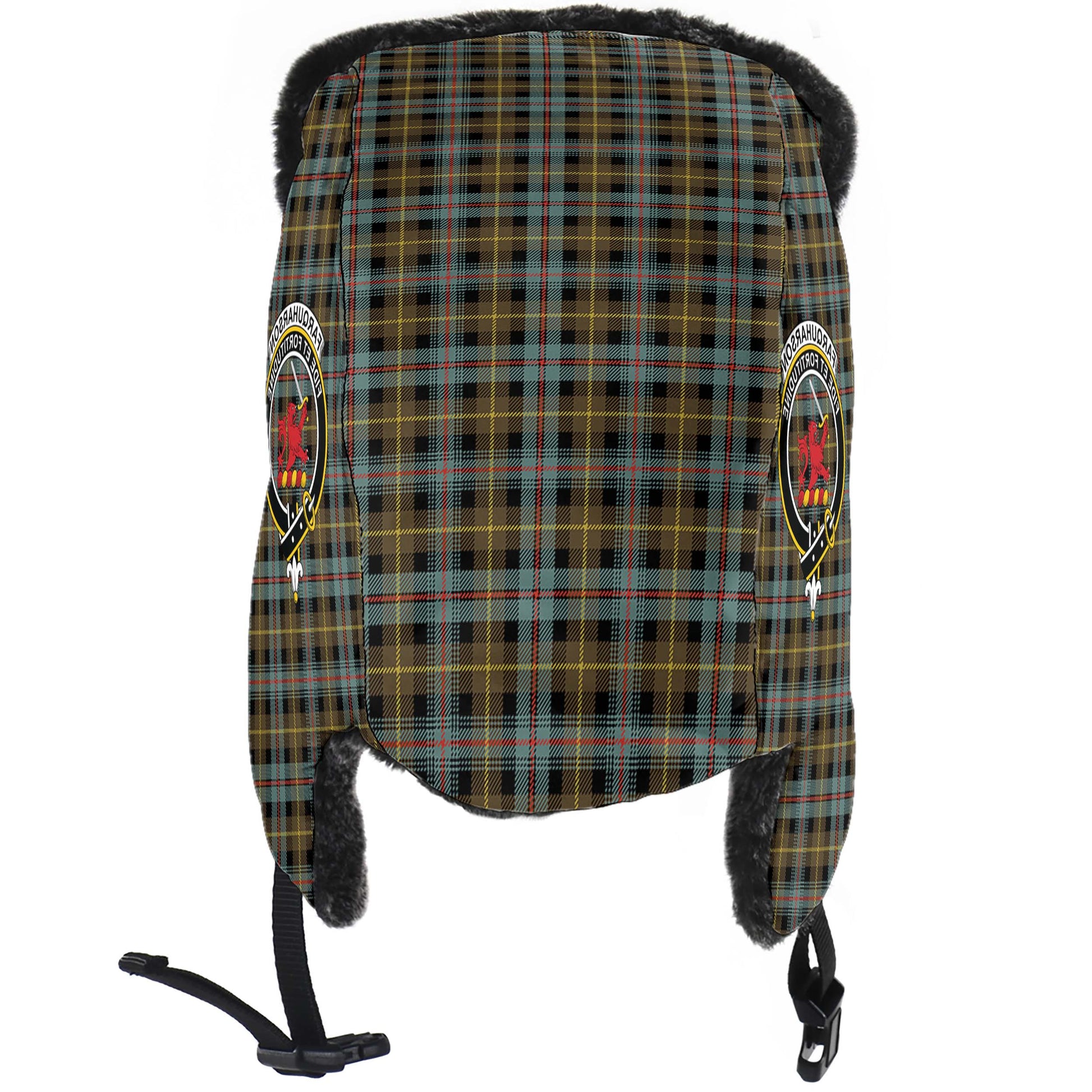 Farquharson Weathered Tartan Winter Trapper Hat with Family Crest - Tartanvibesclothing