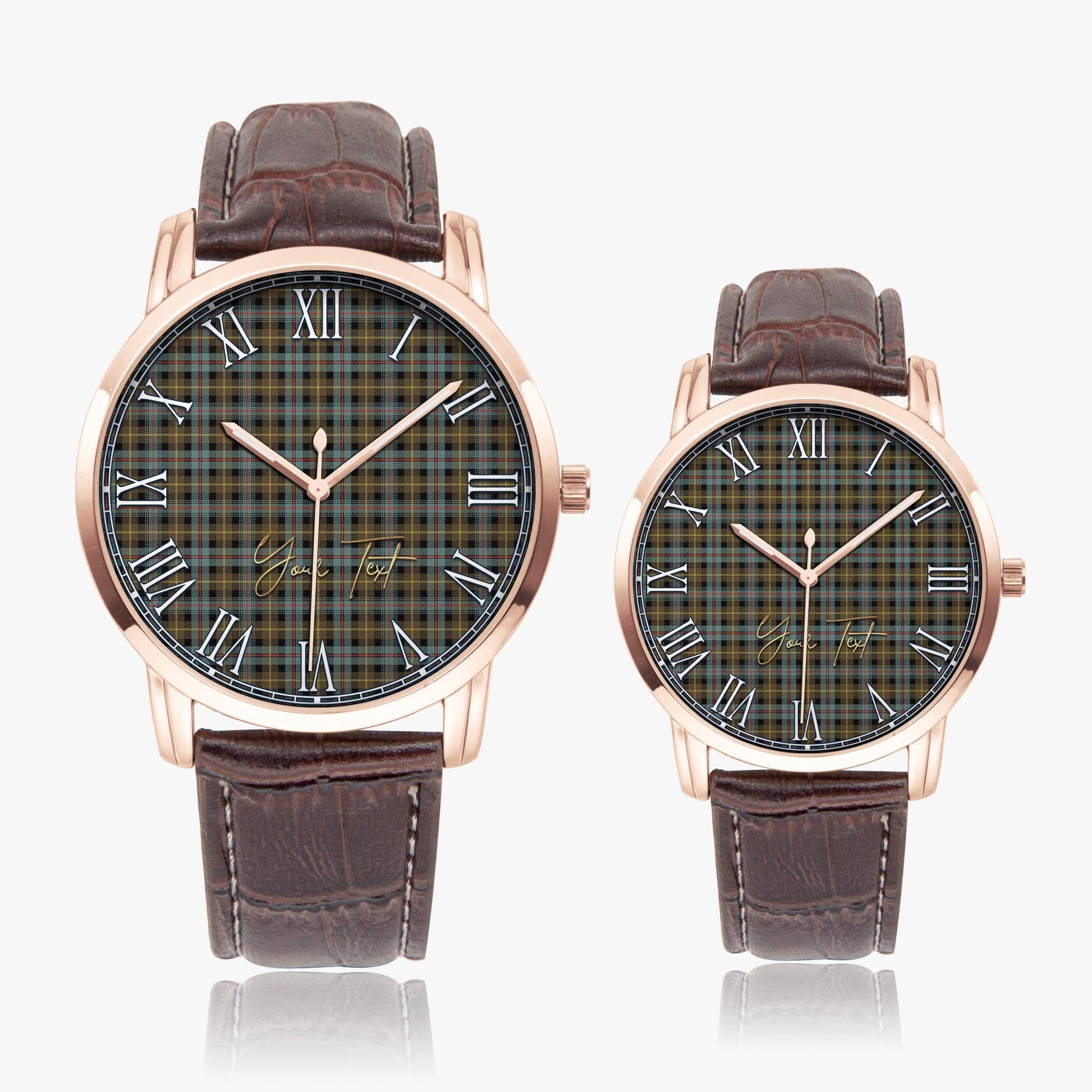 Farquharson Weathered Tartan Personalized Your Text Leather Trap Quartz Watch Wide Type Rose Gold Case With Brown Leather Strap - Tartanvibesclothing