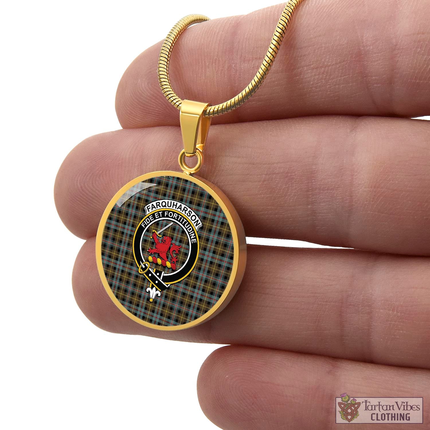 Tartan Vibes Clothing Farquharson Weathered Tartan Circle Necklace with Family Crest