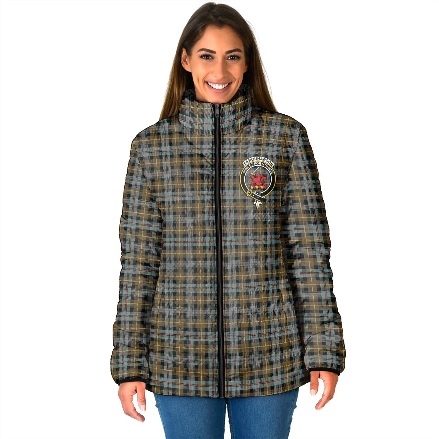 Farquharson Weathered Tartan Padded Jacket with Family Crest - Tartan Vibes Clothing