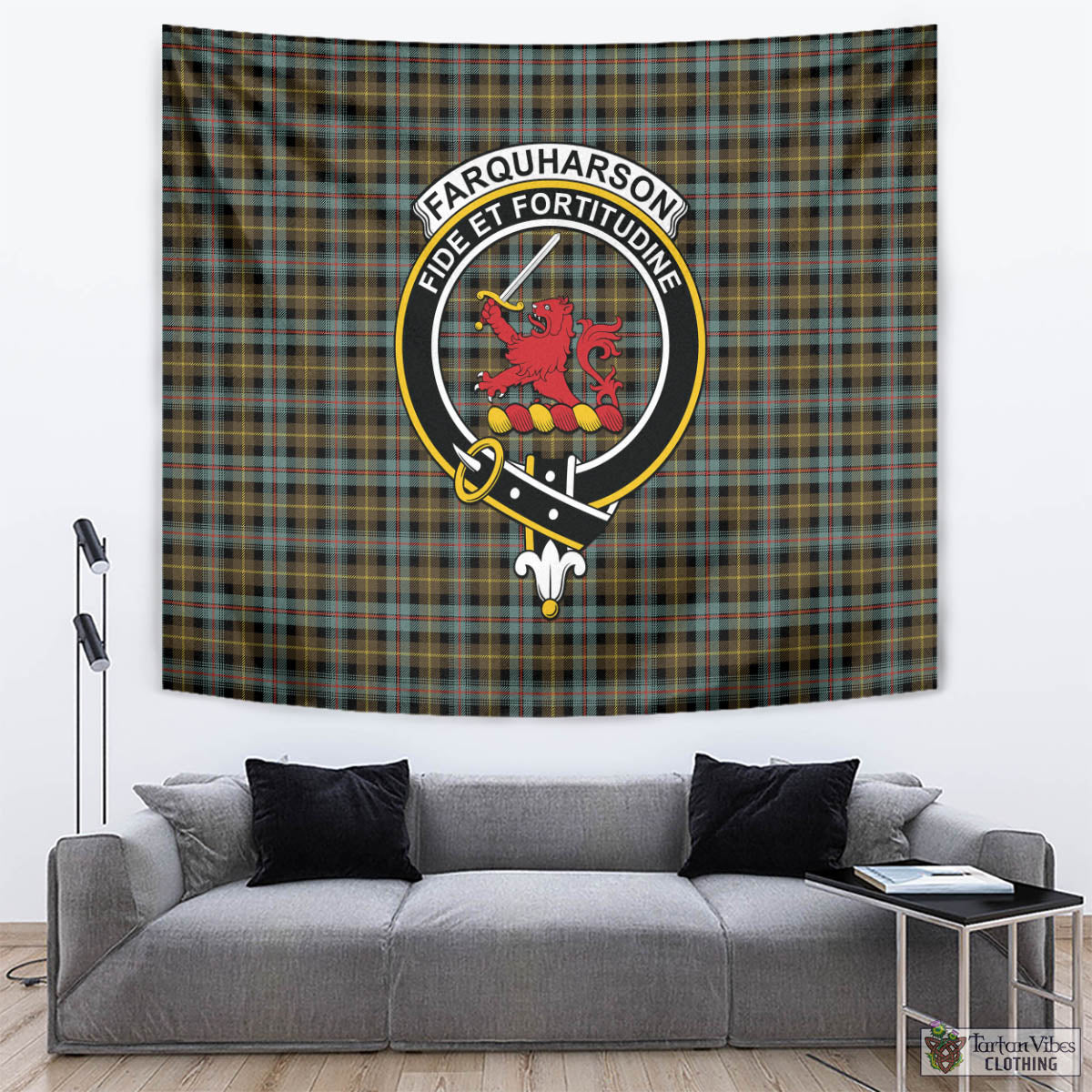 Tartan Vibes Clothing Farquharson Weathered Tartan Tapestry Wall Hanging and Home Decor for Room with Family Crest