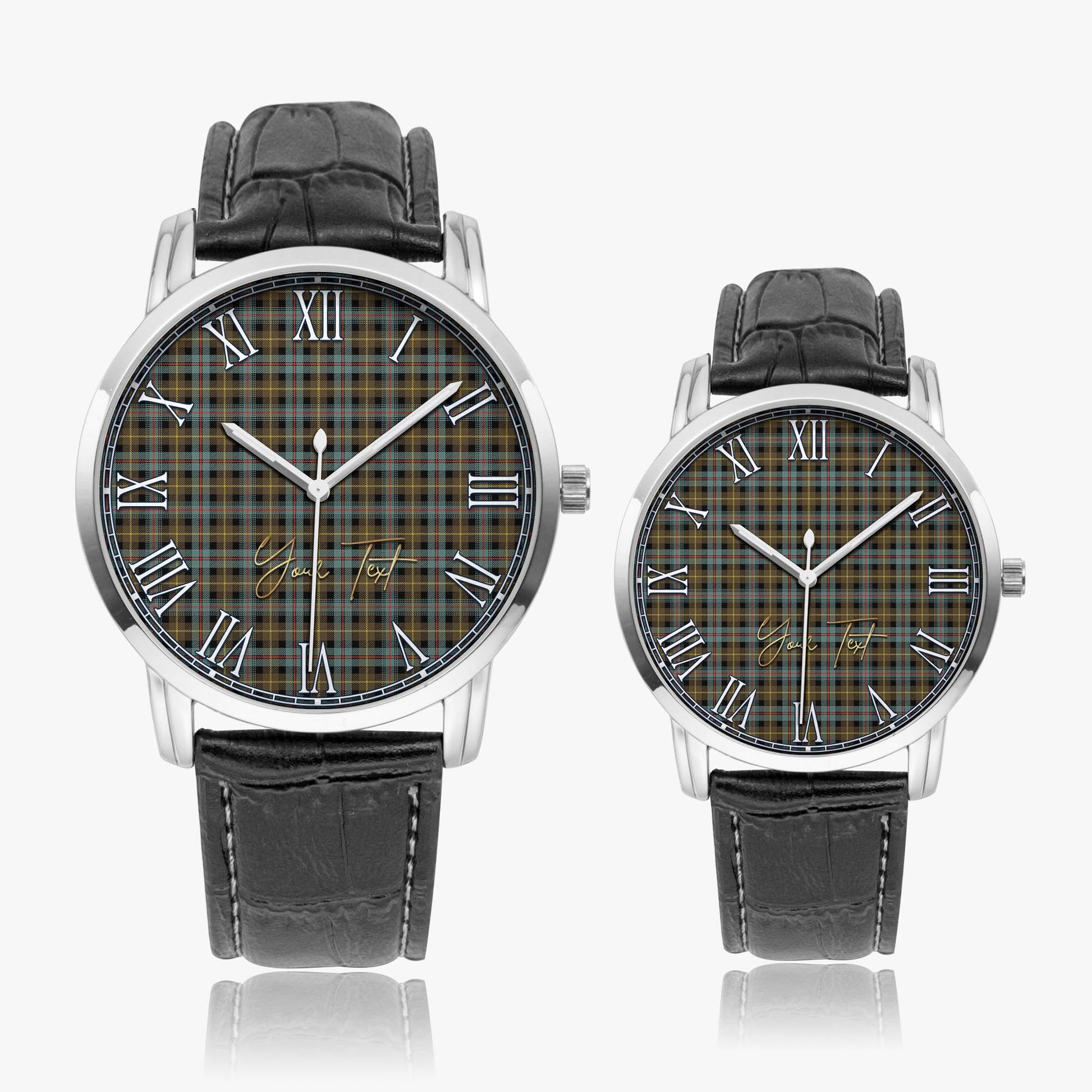 Farquharson Weathered Tartan Personalized Your Text Leather Trap Quartz Watch Wide Type Silver Case With Black Leather Strap - Tartanvibesclothing