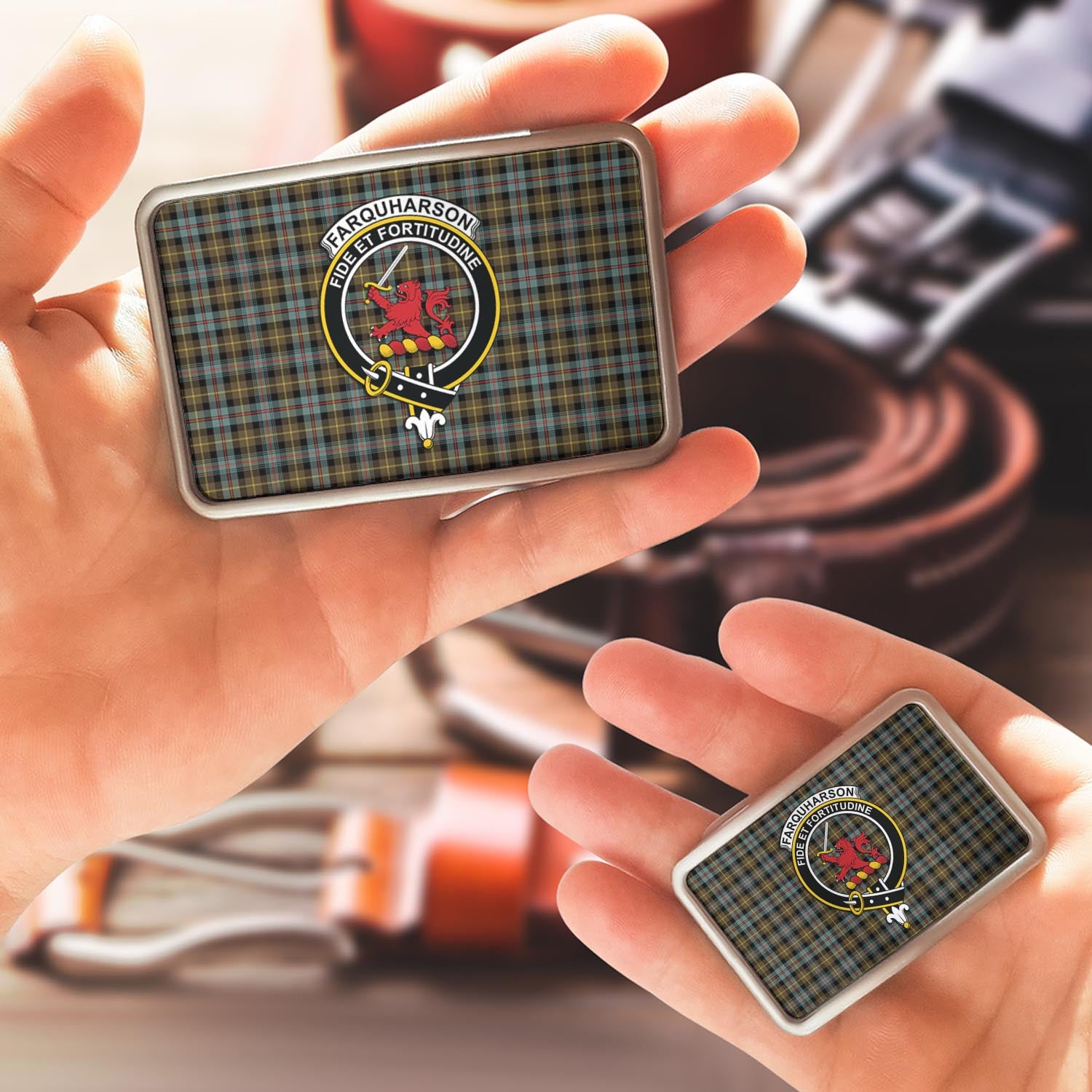 Farquharson Weathered Tartan Belt Buckles with Family Crest - Tartan Vibes Clothing