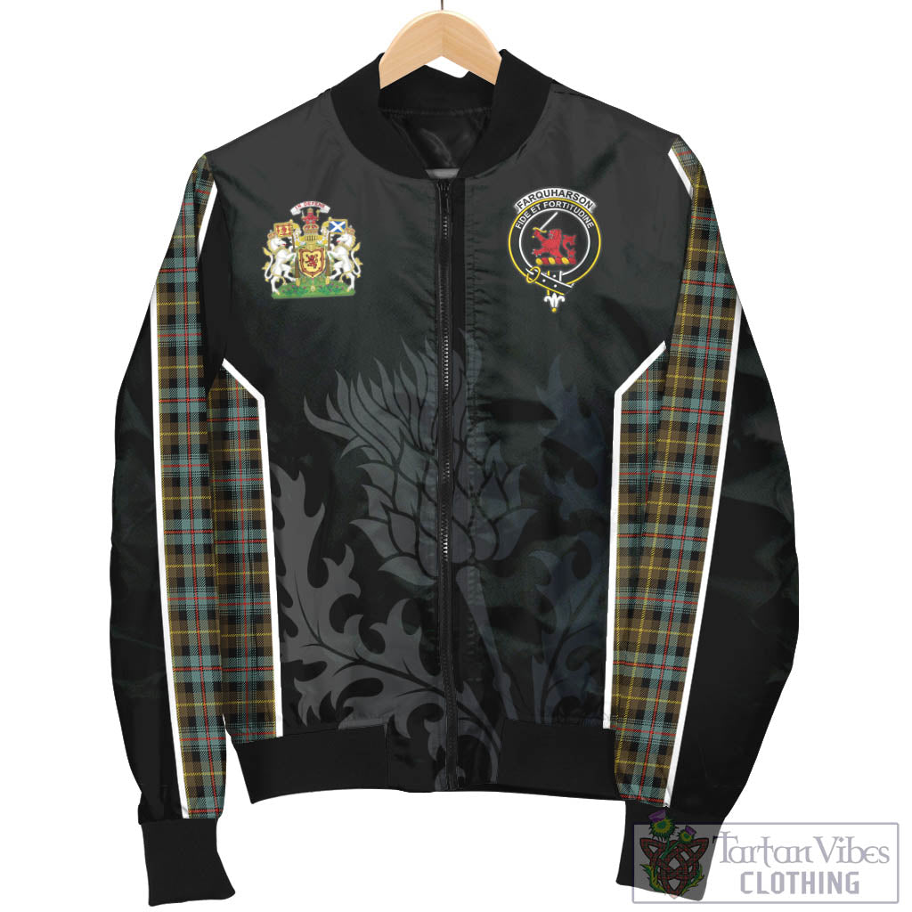 Tartan Vibes Clothing Farquharson Weathered Tartan Bomber Jacket with Family Crest and Scottish Thistle Vibes Sport Style