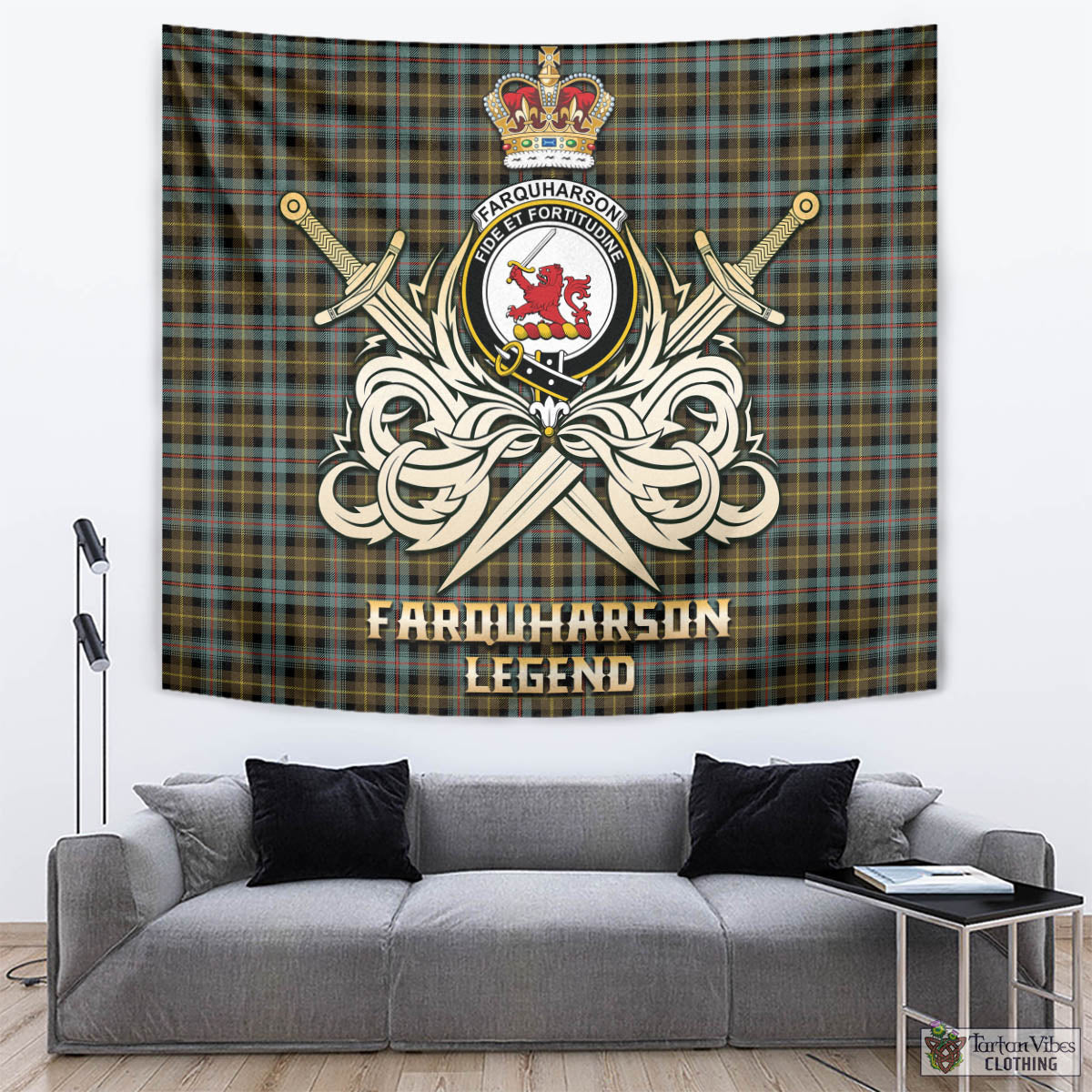 Tartan Vibes Clothing Farquharson Weathered Tartan Tapestry with Clan Crest and the Golden Sword of Courageous Legacy