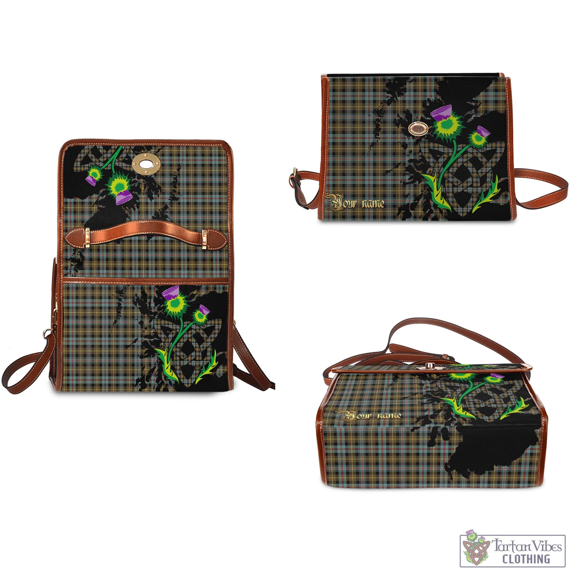 Tartan Vibes Clothing Farquharson Weathered Tartan Waterproof Canvas Bag with Scotland Map and Thistle Celtic Accents