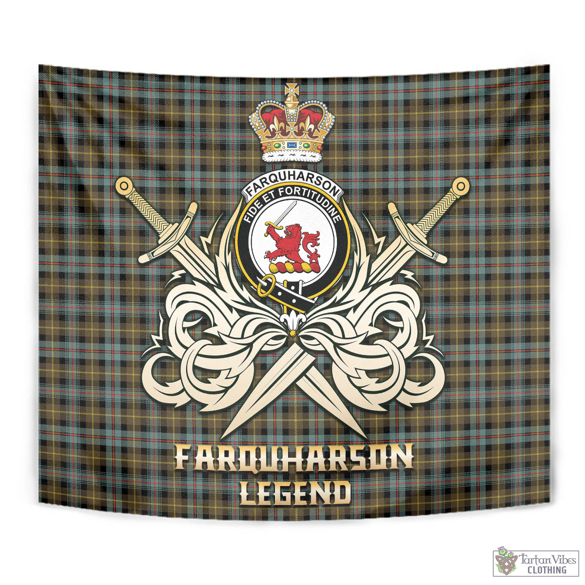 Tartan Vibes Clothing Farquharson Weathered Tartan Tapestry with Clan Crest and the Golden Sword of Courageous Legacy