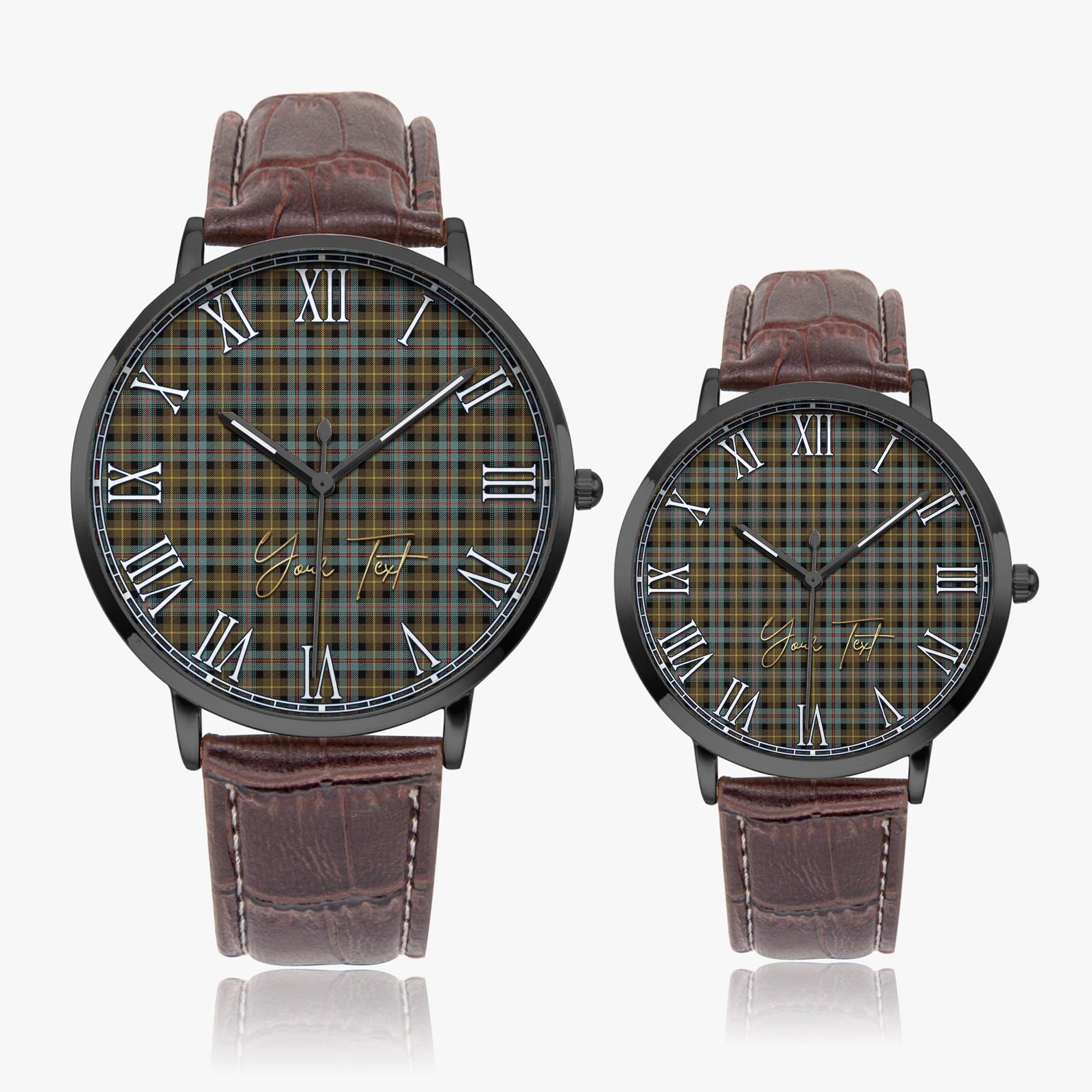 Farquharson Weathered Tartan Personalized Your Text Leather Trap Quartz Watch Ultra Thin Black Case With Brown Leather Strap - Tartanvibesclothing