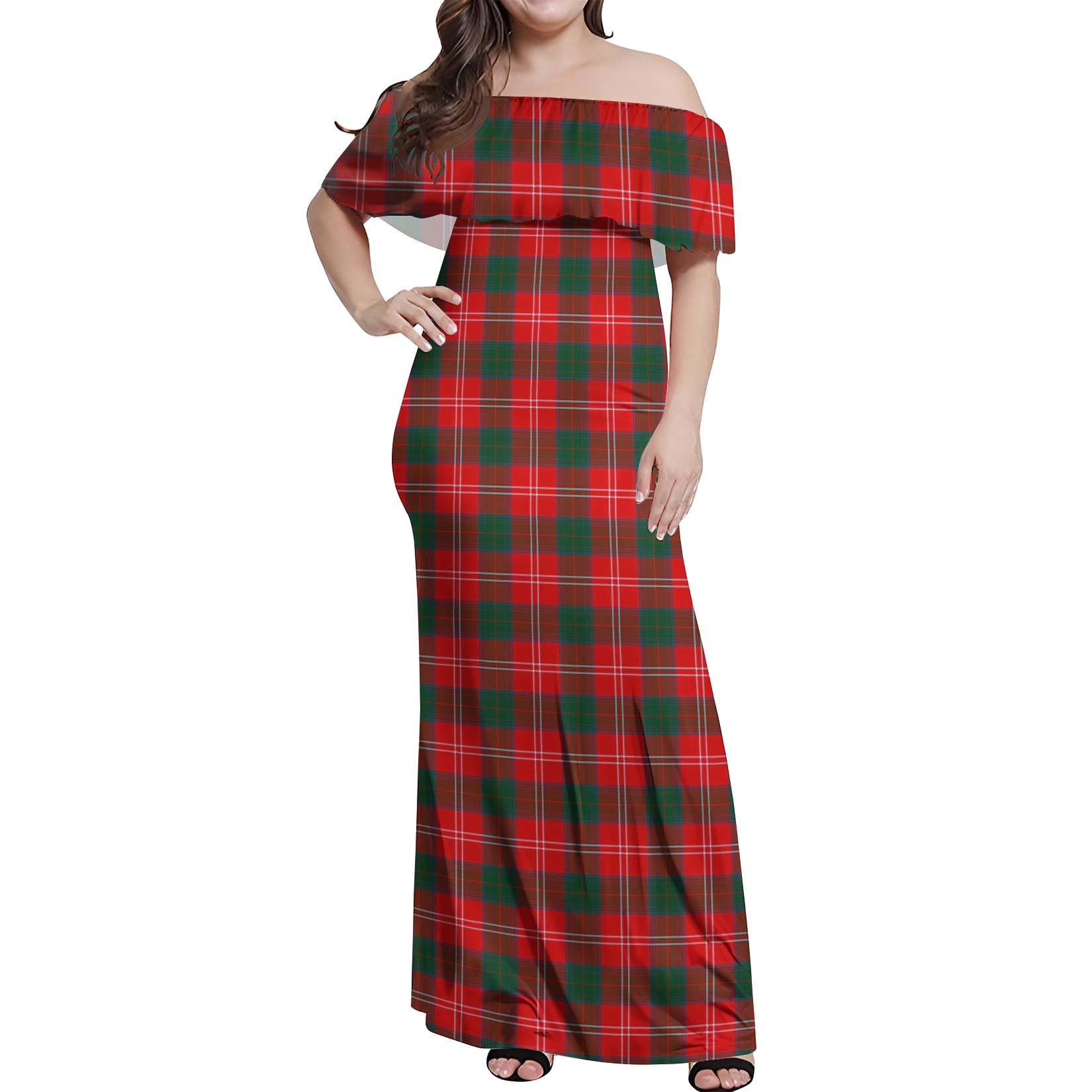 Fenton Tartan Off Shoulder Long Dress Women's Dress - Tartanvibesclothing