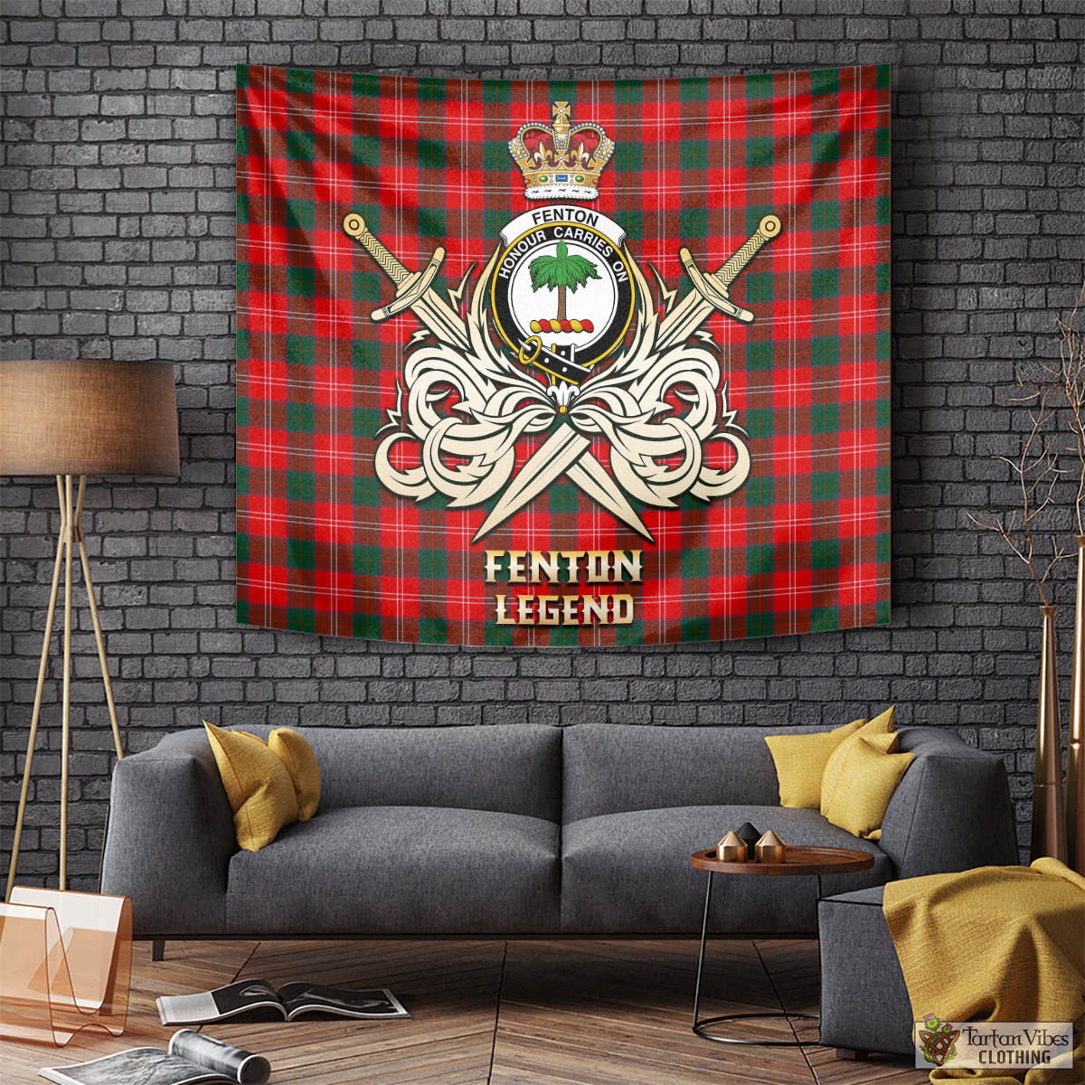 Tartan Vibes Clothing Fenton Tartan Tapestry with Clan Crest and the Golden Sword of Courageous Legacy