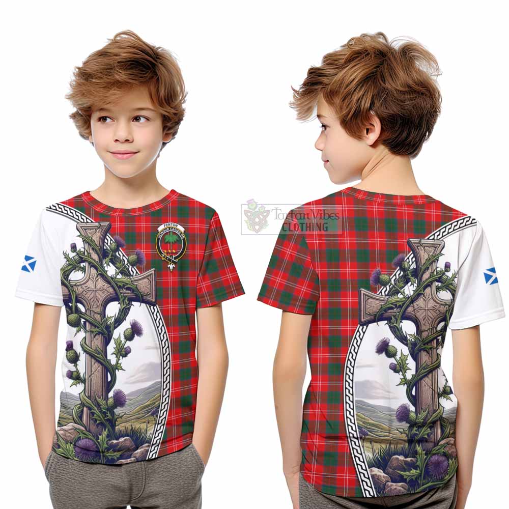 Tartan Vibes Clothing Fenton Tartan Kid T-Shirt with Family Crest and St. Andrew's Cross Accented by Thistle Vines