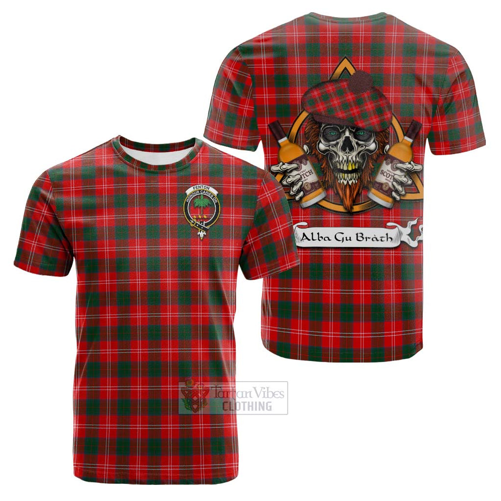 Tartan Vibes Clothing Fenton Tartan Cotton T-shirt with Family Crest and Bearded Skull Holding Bottles of Whiskey