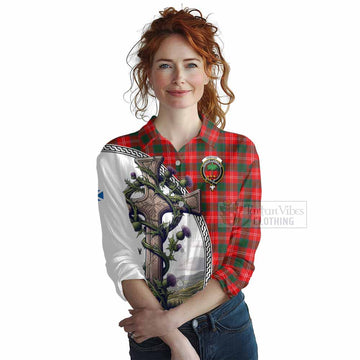 Fenton Tartan Women's Casual Shirt with Family Crest and St. Andrew's Cross Accented by Thistle Vines