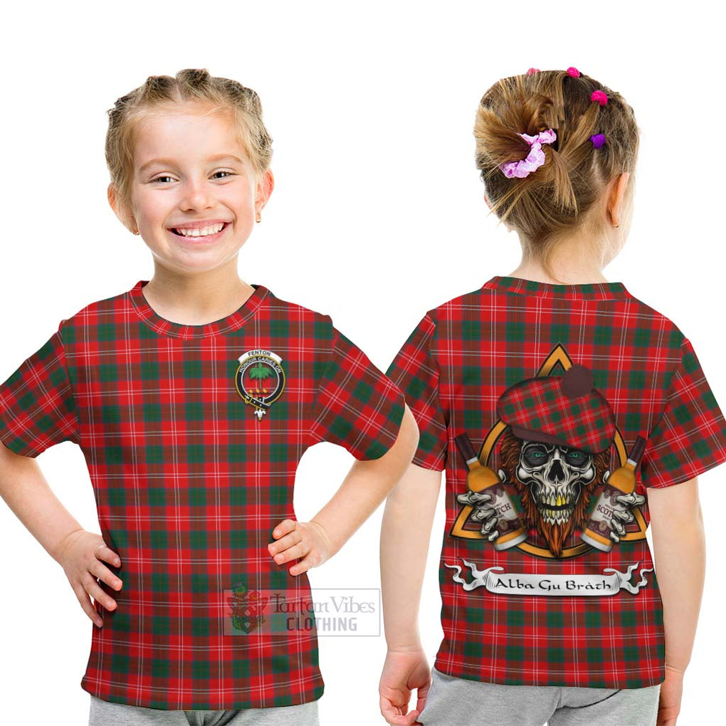 Tartan Vibes Clothing Fenton Tartan Kid T-Shirt with Family Crest and Bearded Skull Holding Bottles of Whiskey