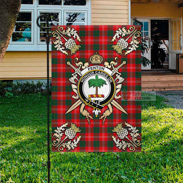 Fenton Tartan Flag with Family Crest and Golden Thistle Crossed Sword Design