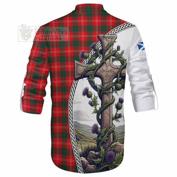 Fenton Tartan Ghillie Kilt Shirt with Family Crest and St. Andrew's Cross Accented by Thistle Vines - Tartan Vibes Clothing