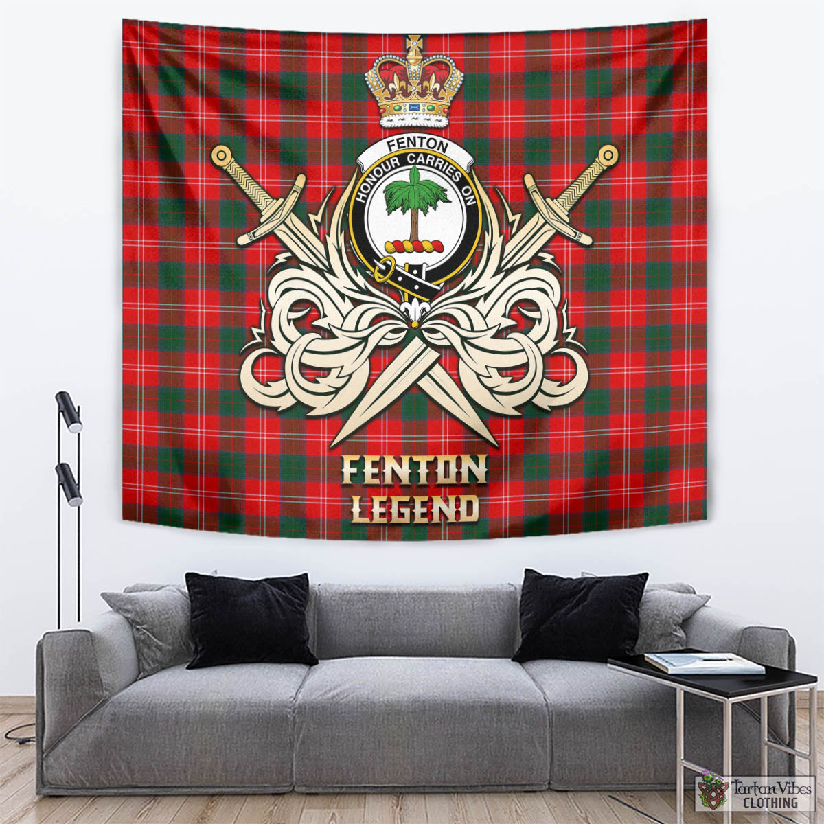 Tartan Vibes Clothing Fenton Tartan Tapestry with Clan Crest and the Golden Sword of Courageous Legacy