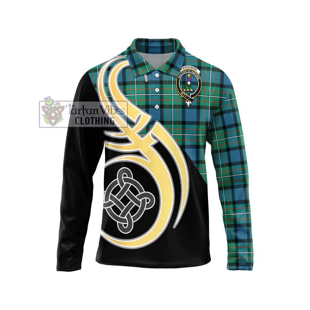 Ferguson (Fergusson) Tartan Long Sleeve Polo Shirt with Family Crest and Celtic Symbol Style Unisex - Tartan Vibes Clothing