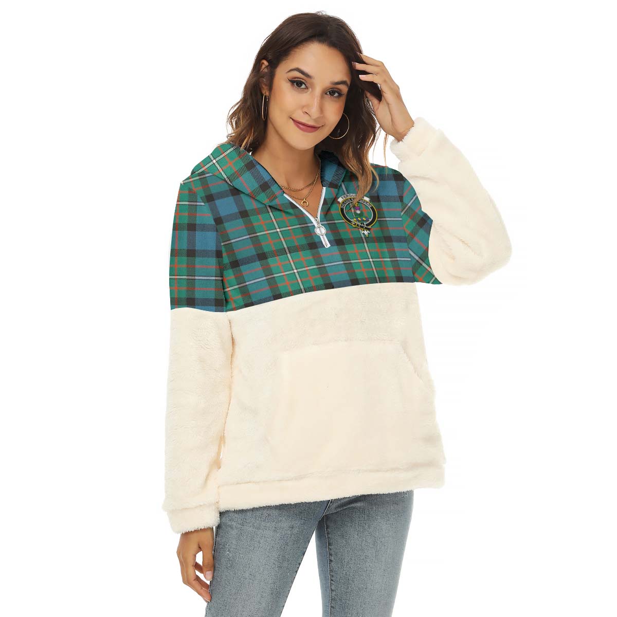 Ferguson (Fergusson) Tartan Half Style Women's Borg Fleece Hoodie with Half Zip with Family Crest Female - Tartan Vibes Clothing