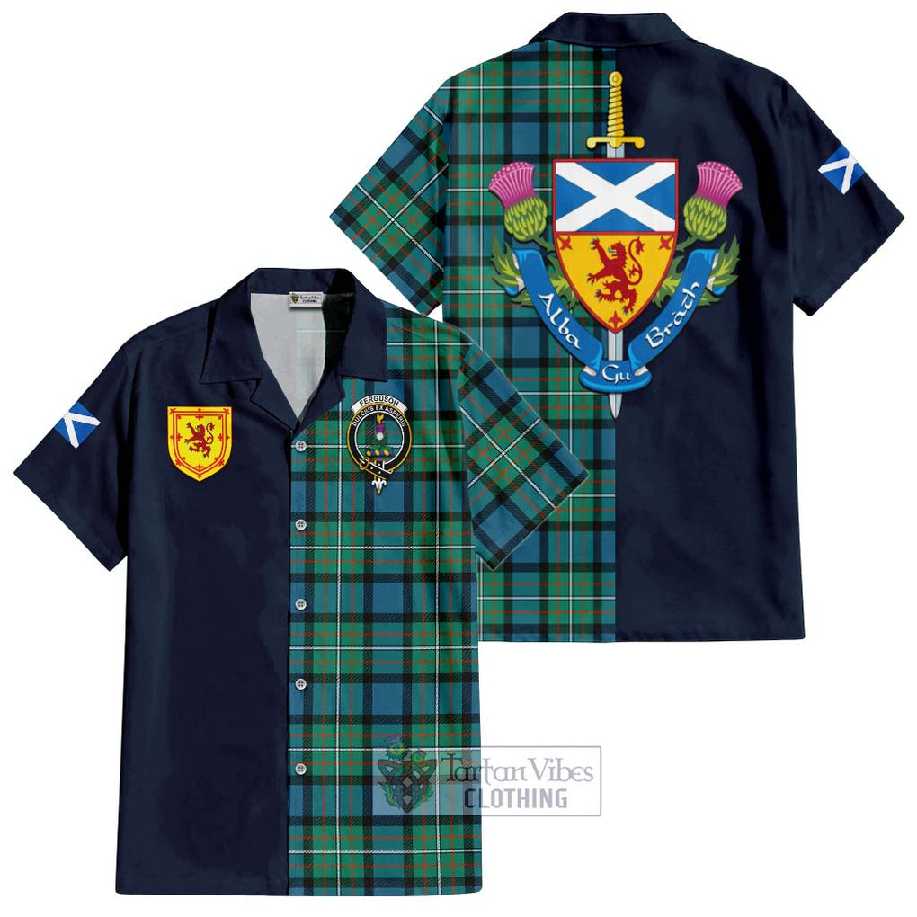 Tartan Vibes Clothing Ferguson Ancient Tartan Short Sleeve Button Shirt with Scottish Lion Royal Arm Half Style