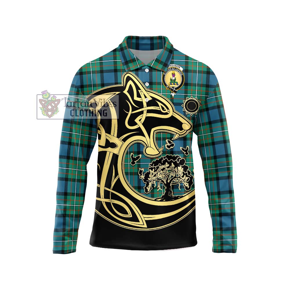 Ferguson (Fergusson) Tartan Long Sleeve Polo Shirt with Family Crest Celtic Wolf Style Unisex - Tartanvibesclothing Shop