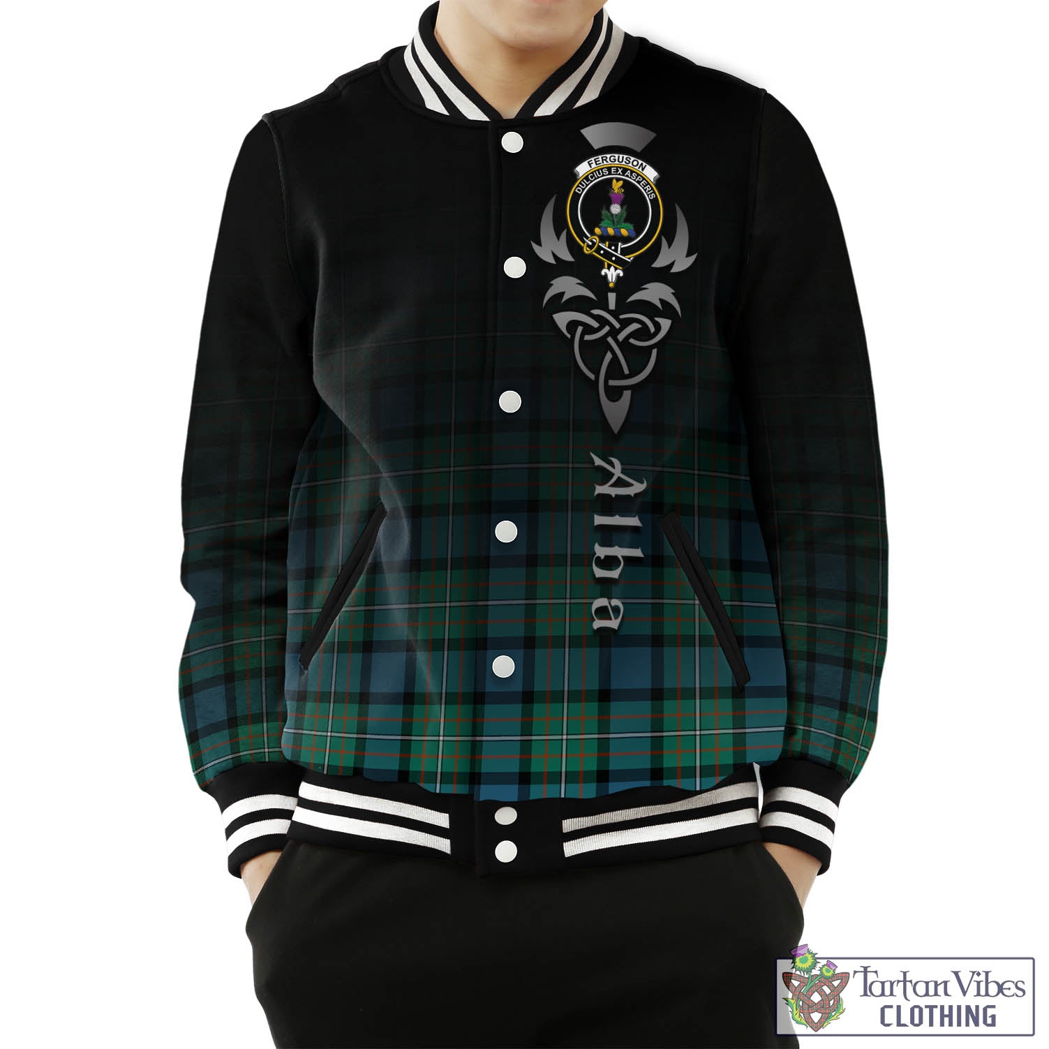 Tartan Vibes Clothing Ferguson Ancient Tartan Baseball Jacket Featuring Alba Gu Brath Family Crest Celtic Inspired