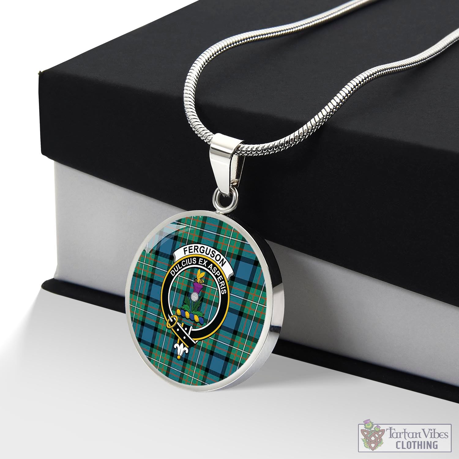 Tartan Vibes Clothing Ferguson Ancient Tartan Circle Necklace with Family Crest