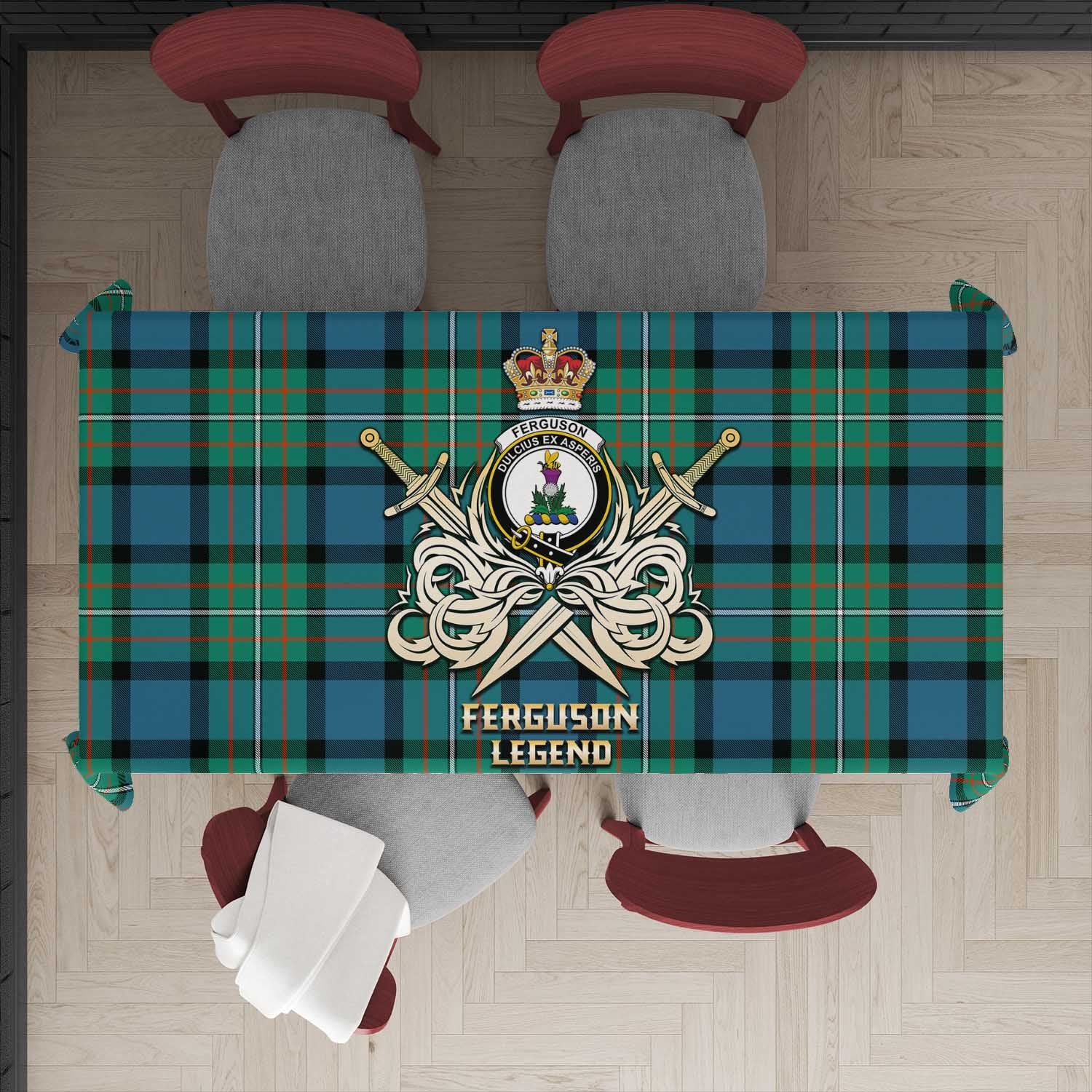 Tartan Vibes Clothing Ferguson Ancient Tartan Tablecloth with Clan Crest and the Golden Sword of Courageous Legacy