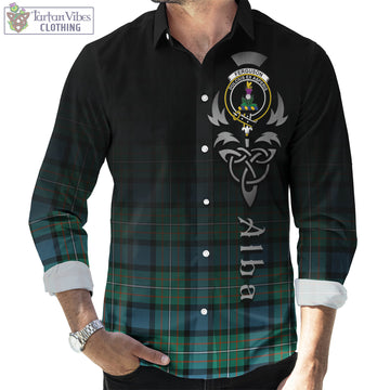 Ferguson (Fergusson) Tartan Long Sleeve Button Up Featuring Alba Gu Brath Family Crest Celtic Inspired