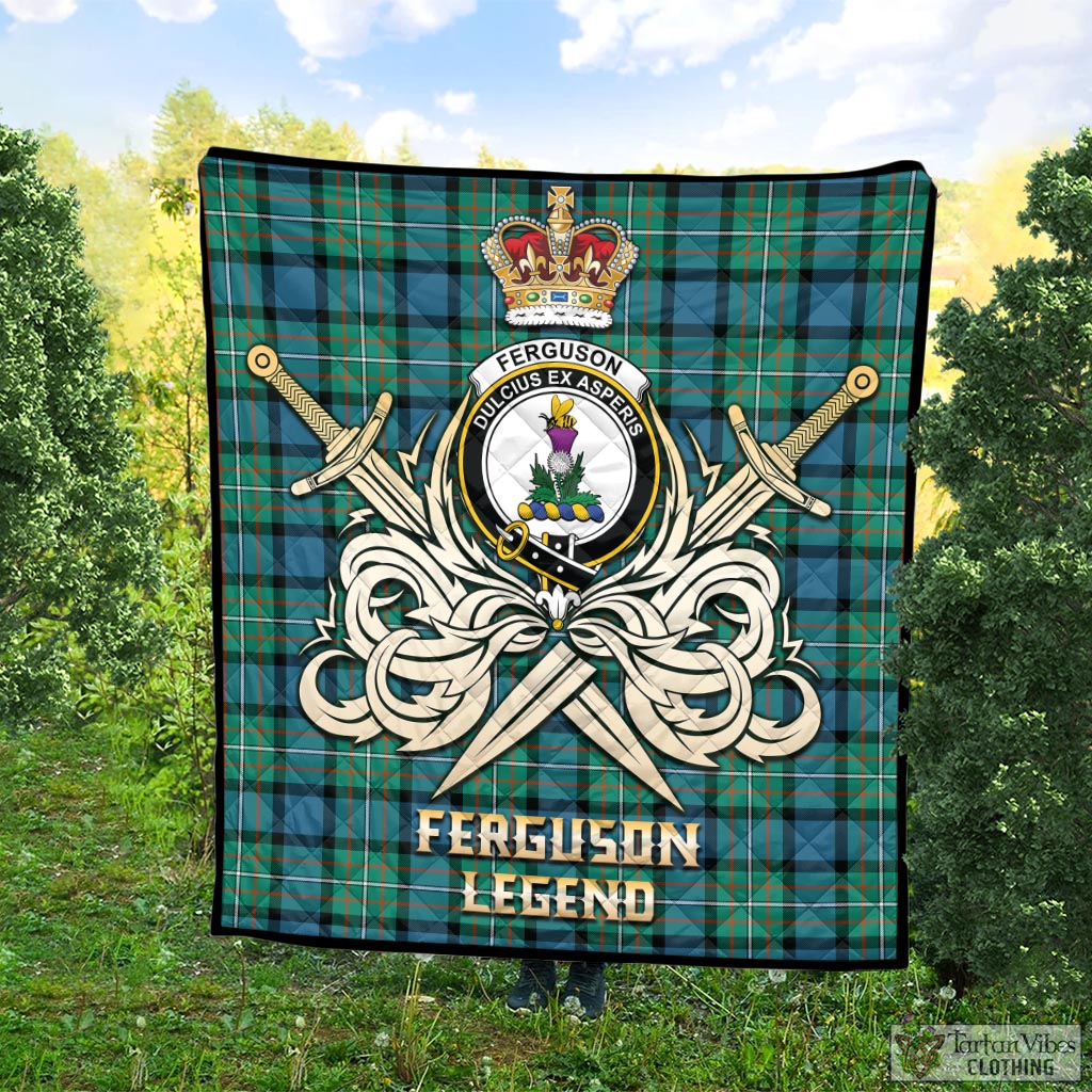 Tartan Vibes Clothing Ferguson Ancient Tartan Quilt with Clan Crest and the Golden Sword of Courageous Legacy