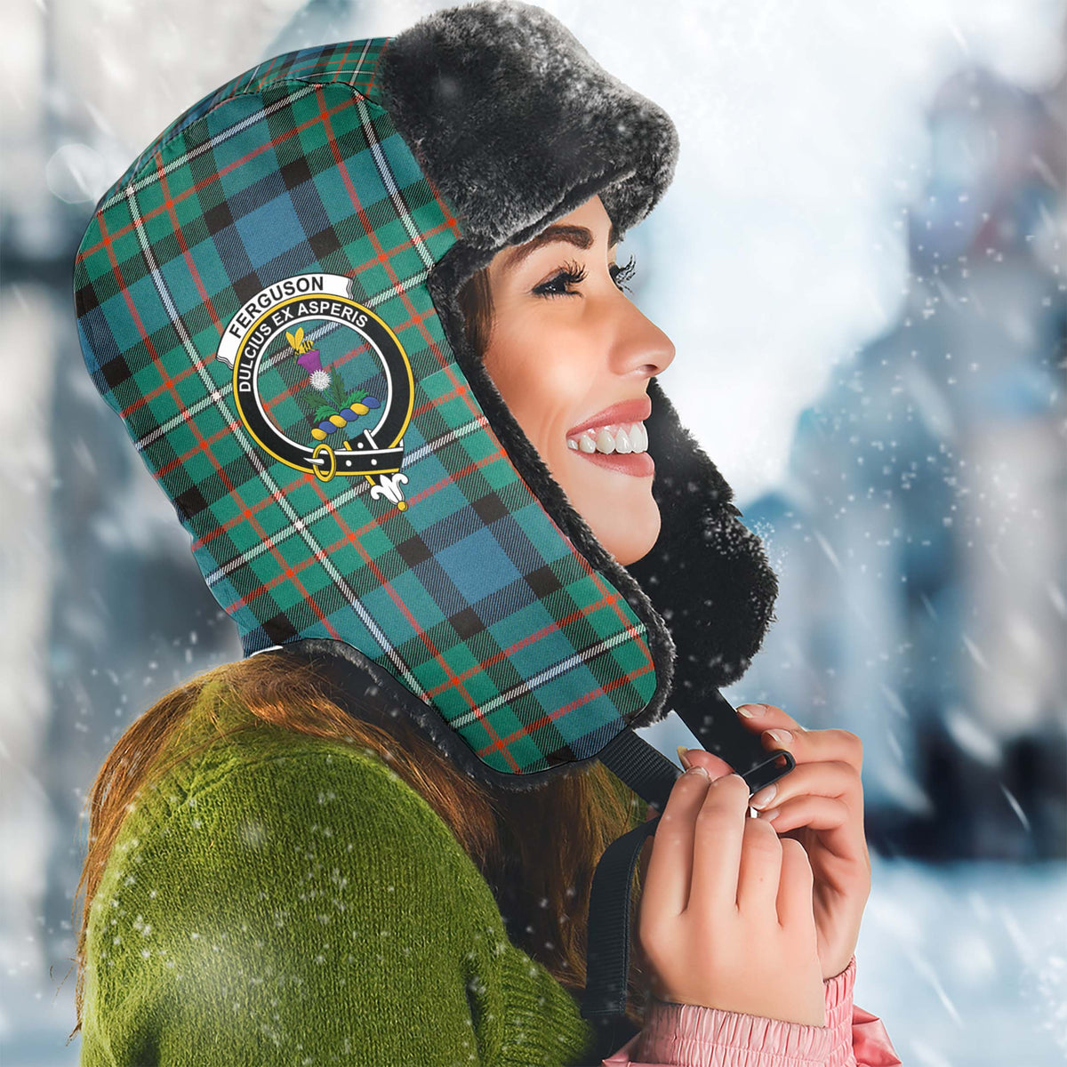 Ferguson (Fergusson) Tartan Winter Trapper Hat with Family Crest Winter Trapper Hat Universal Fit Circumference 22.8in (58cm) - Tartan Vibes Clothing